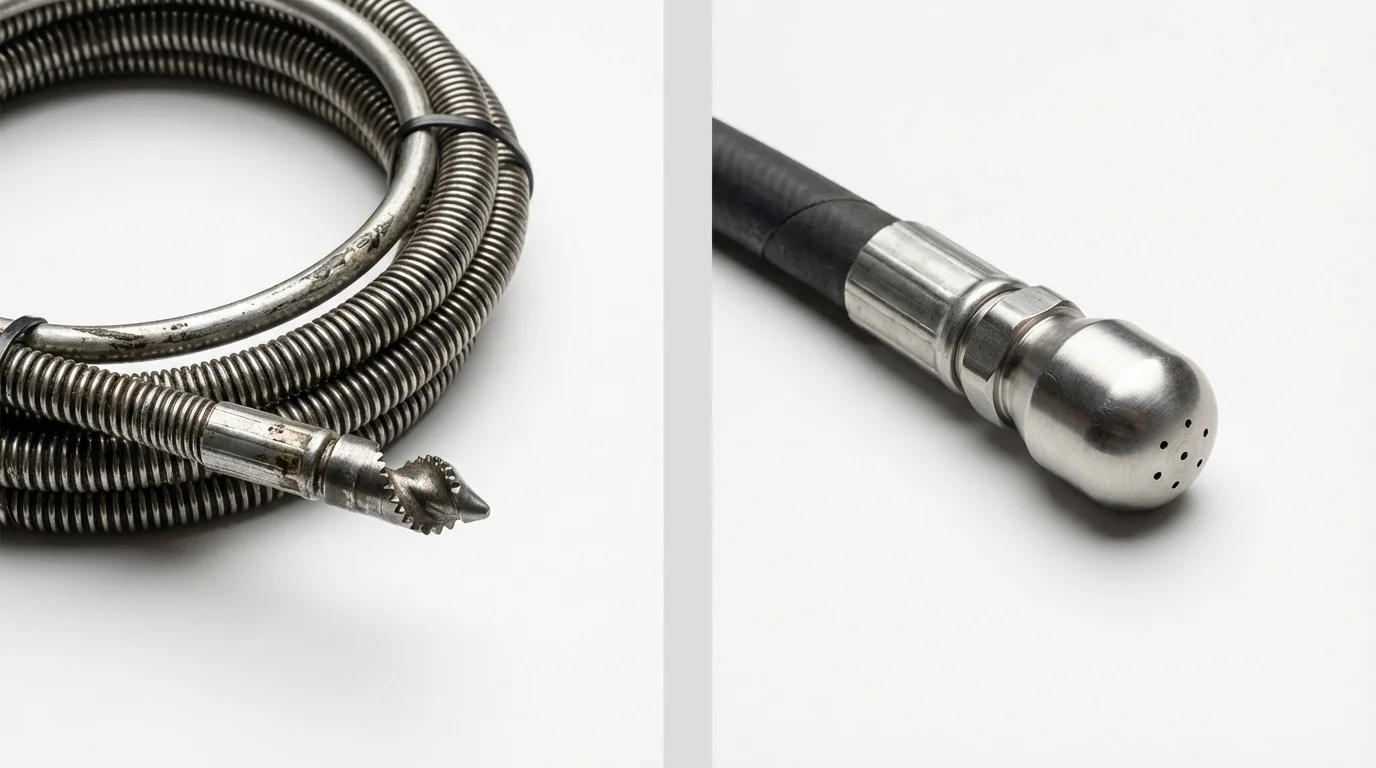 Drain snake cable and hydro jetting nozzle used for drain cleaning in Norway, MI
