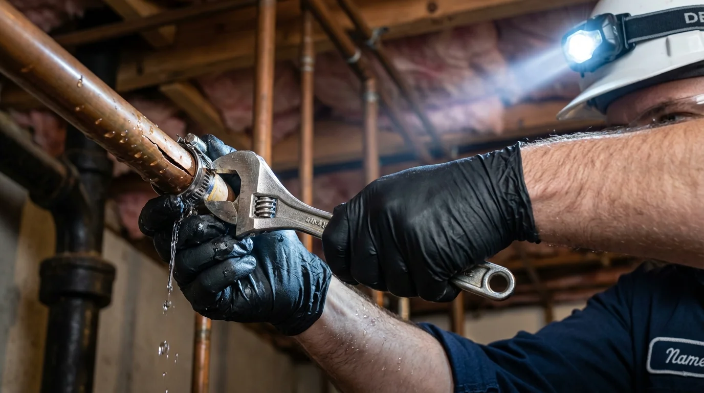 Emergency pipe clamp repair being performed by a Johns Plumbing LLC plumber in Norway