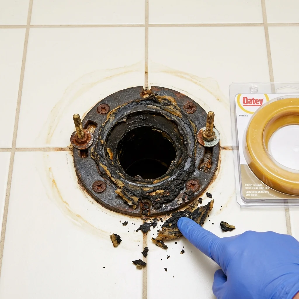 Failed wax ring showing water seepage at the base of a toilet in a Norway, MI home