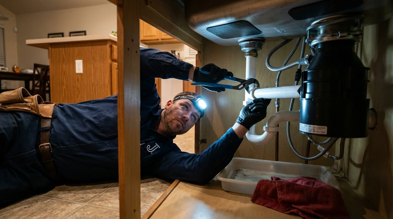 P-trap and supply line connections under a kitchen sink showing a common leak point in Norway, MI